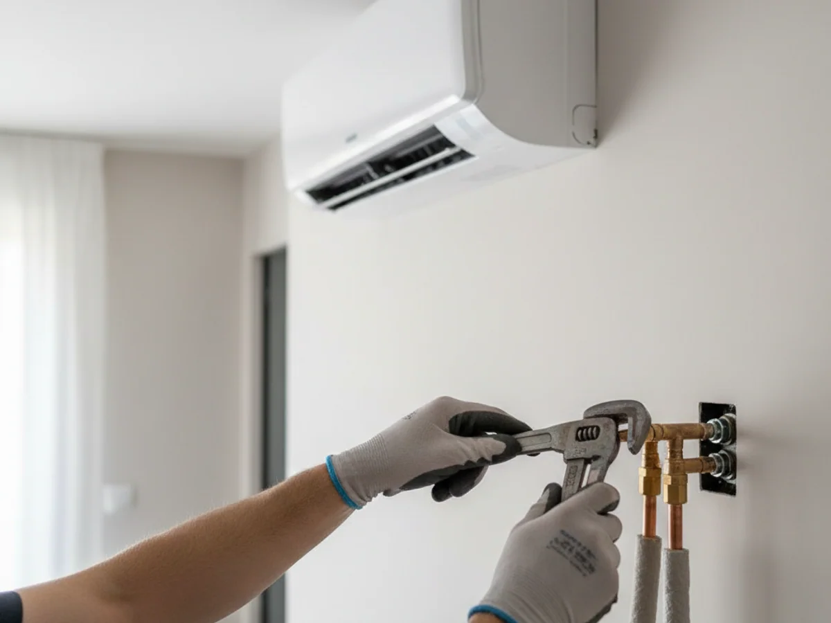 Gros plan sur la grille d'un climatiseur mobile monobloc avec traces de condensation
