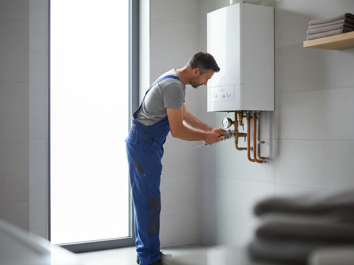 Groupe de sécurité en laiton sous un chauffe-eau électrique dans un local technique, avec tuyauterie d'évacuation