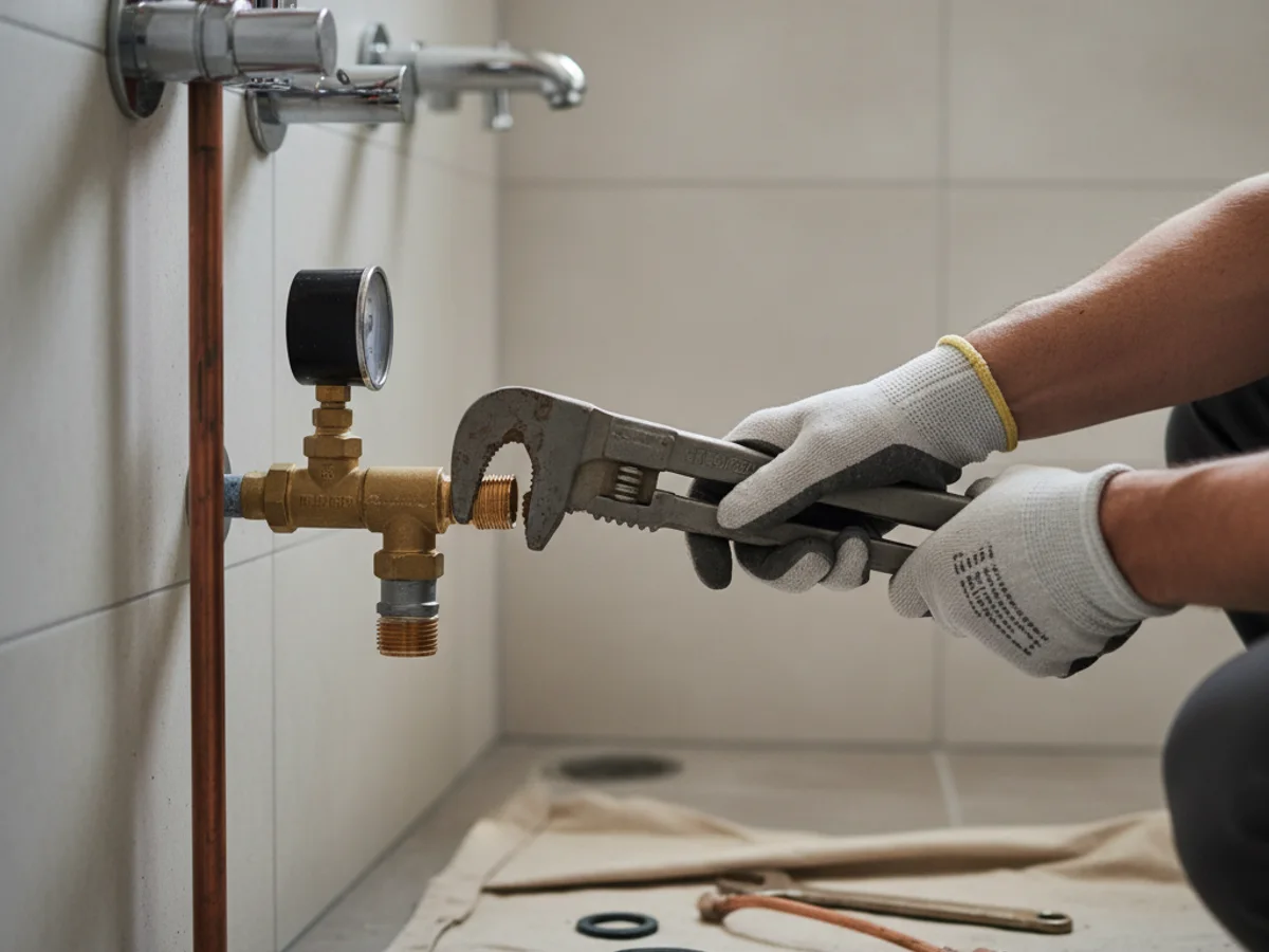 Mains d'un plombier serrant un raccord en laiton sur une canalisation en cuivre avec une clé à molette